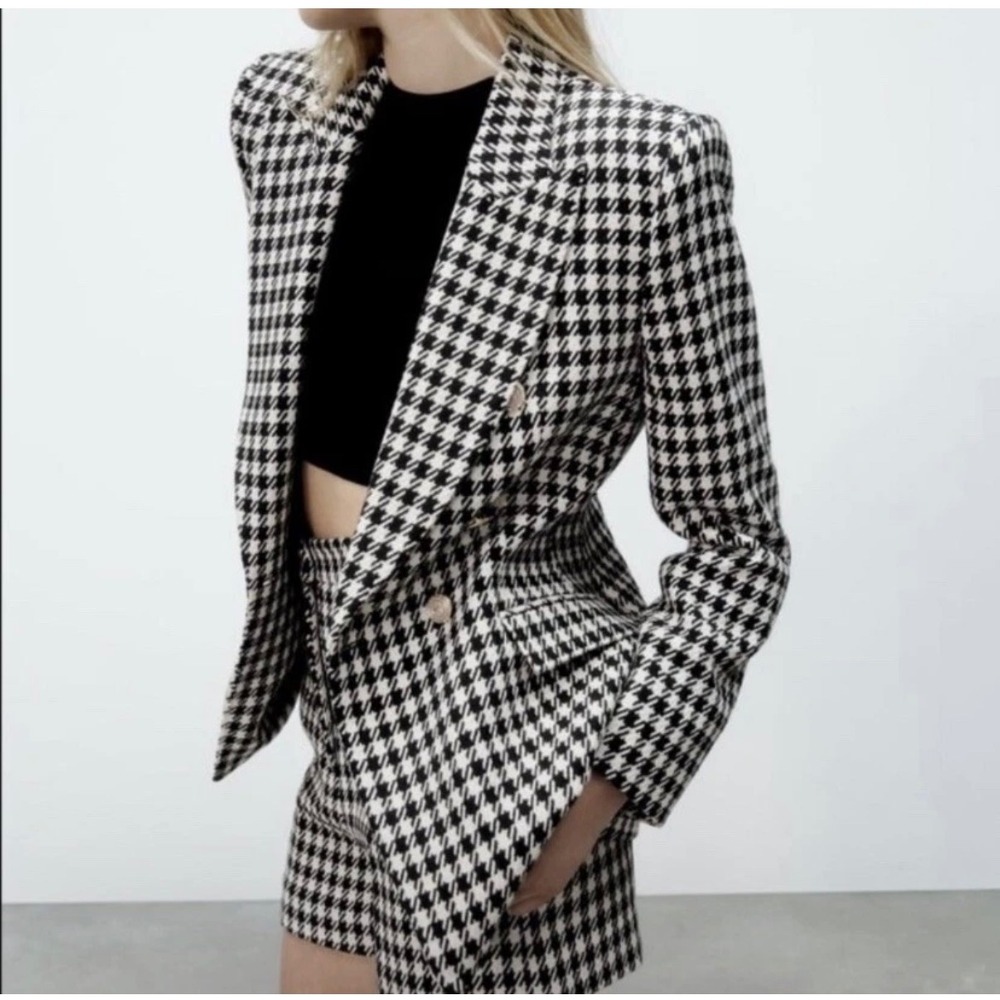 Zara Houndstooth Double Breasted Blazer Black White Gold Button Jacket Large - Picture 3 of 13